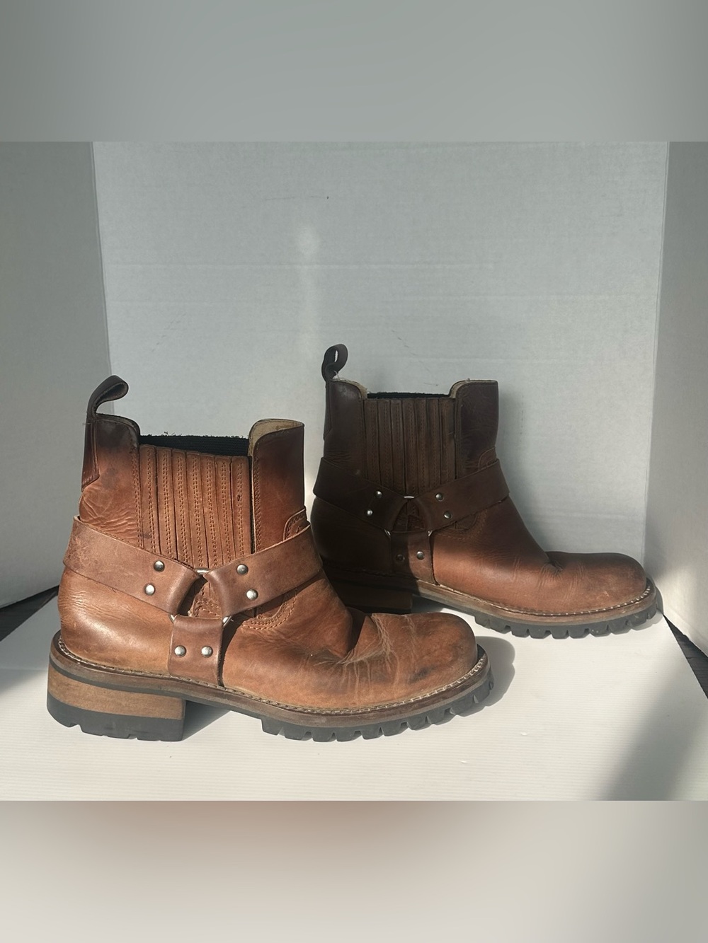 Vintage GBX Dorado Brown Leather Harness Boots Ankle Biker Moto Men's Size 8 D